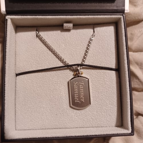 Customer photo review of Beveled Edge Two Tone Dog Tag