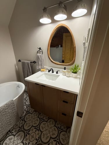 Customer photo review of Cape Breton 36" Mid Century Oak Bathroom Vanity, Left Sink