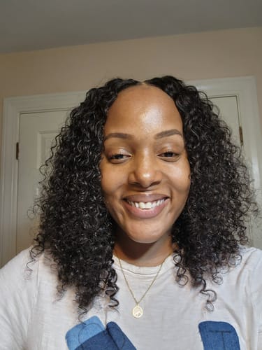 Customer photo review of CurlyMe Pre-bleached Wear Go Glueless Wig 7x5 Pre-cut HD Lace Burmese Curly Human Hair