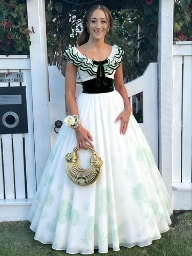 Customer photo review of White Tulle & Green Print A Line Prom Dress