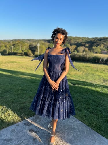 Customer photo review of Corset Star Tulle Tiered Long Dress with Tie Straps