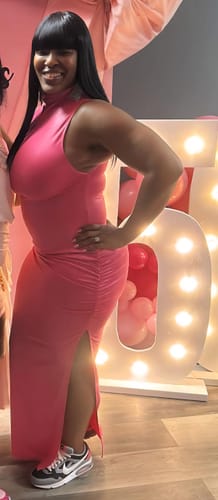 Customer photo review of Marenna Faux Leather Ruched Maxi Dress