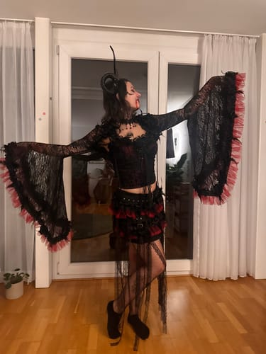 Customer photo review of Long flared sleeve flower applique lace mini skirt set