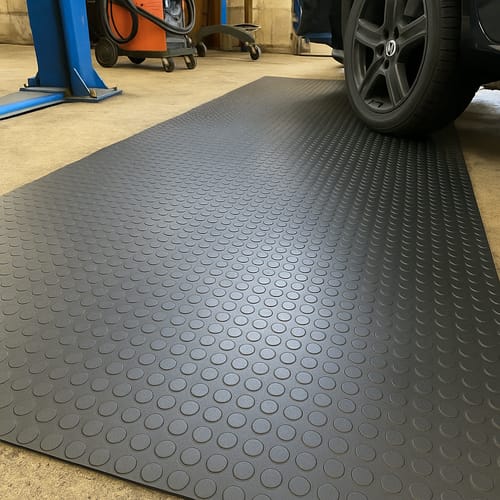 Customer photo review of Heavy Duty Non-Slip Rubber Flooring Rolls – Studded Dot Penny Pattern R11 Slip Rated, Oil Resistant, Indoor/Outdoor Use