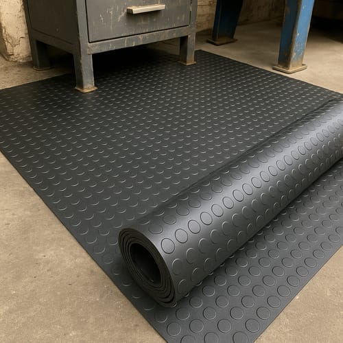 Customer photo review of Heavy Duty Non-Slip Rubber Flooring Rolls – Studded Dot Penny Pattern R11 Slip Rated, Oil Resistant, Indoor/Outdoor Use