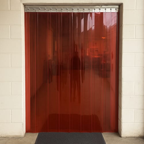 Customer photo review of Transparent Red PVC Strip Curtains (Hook-on) - Energy-Saving, Easy Access, Heat & Dust Barrier, Stainless Steel Rails, Flexible, UV-Protected
