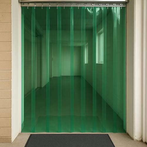 Customer photo review of Transparent Green PVC Strip Curtains (Hook-on) – Energy-Saving, Weather-Proof, Easy Access – Includes Stainless Steel Rails – Customisable, UV-Resistant, Flexible
