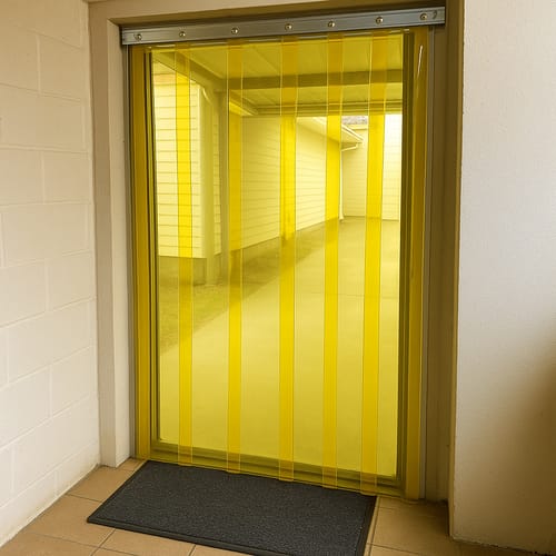 Customer photo review of Transparent Yellow QuickMount Curtains – Energy-Saving, Flexible PVC Strip Curtains for Pedestrian Doorways, Weather Protection, Easy Install