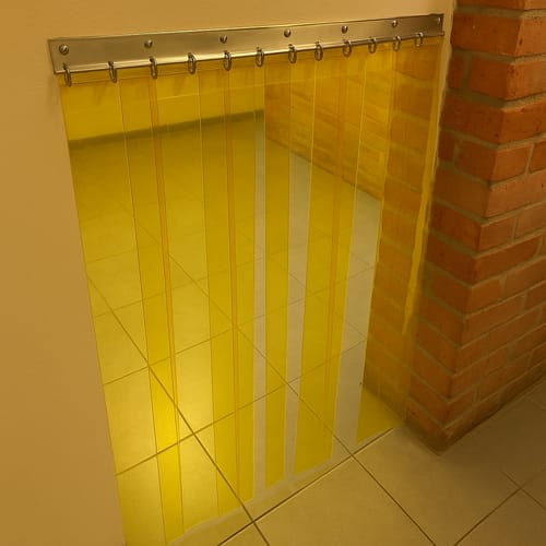 Customer photo review of Transparent Yellow Exhibition Strip Curtains - Creative, Flexible, Easy Access for Galleries & Events, Includes Stainless Steel Rails, PVC Strips