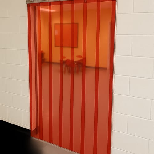 Customer photo review of Transparent Red Nursery Freeflow Curtains (QuickMount) Child-Safe, Easy Install, Vibrant PVC, Weather-Resistant for Schools & Nurseries, 0°C to +40°C