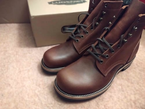 Customer photo review of Munson Plain Toe Logging Boot -luosjiet®boots - Brown Full Grain oiled Cowhide
