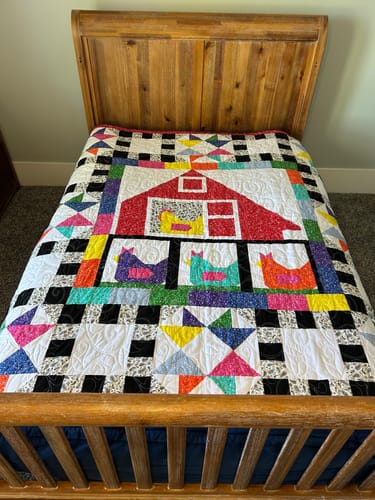 Customer photo review of Funky Chickens Pre-Cut Ready-To-Sew Quilt Kit Fabric Pattern and Binding Included ALL PRE CUT 74 X 74 Backing included