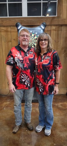 Customer photo review of Maxcorners Darts Shirt Bull Dartboard Splash Multioptions Personalized Name, Team Name Unisex 3D Shirt (4 Colors)