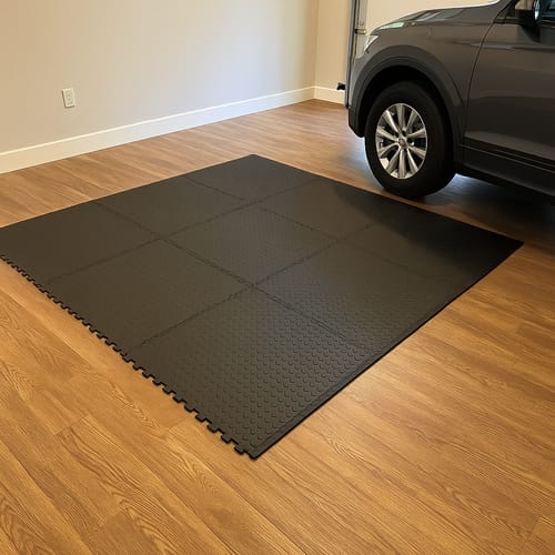Customer photo review of Premium Nitrile Rubber Interlocking Oil & Grease Resistant Garage Mats Heavy Duty Floor Tiles