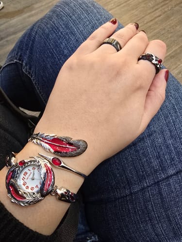 Customer photo review of "Soaring Cranes" Platinum Plated Artistic Feather Bangle Bracelet, Statement Cuff Jewelry