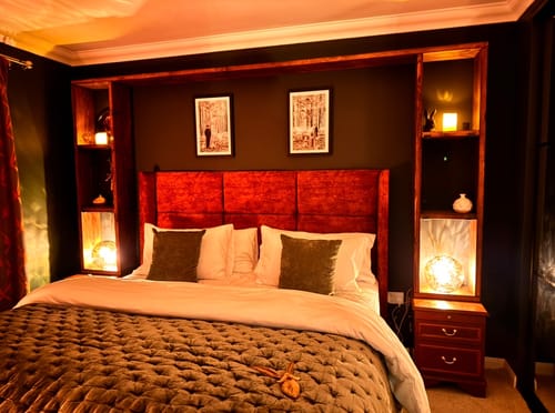 Customer photo review of Olivier Contemporary Winged Upholstered Floor-Standing Button-Backed Headboard