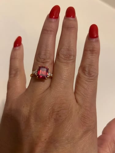 Customer photo review of The Bella Jewel 3CT Emerald Cut Red Moissanite Ring