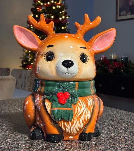 Customer photo review of Festive Reindeer 10" Cookie Jar, Christmas Kitchen Festive Deer Decoration