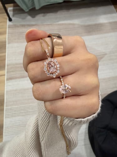 Customer photo review of Estate 14k Rose Gold 1.2ct Morganite .29cttw Diamond Floriform Halo Pendant