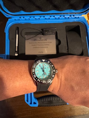 Customer photo review of Oceaneva 6000m GMT Deep Marine Explorer VI Grade 5 Titanium Automatic Watch Light Blue Dial