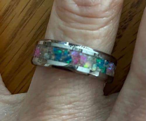 Customer photo review of Tungsten Opal Ring with Cremation Ashes