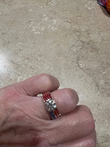 Customer photo review of Round Moissanite Engagement Ring with American Flag Enamel Band