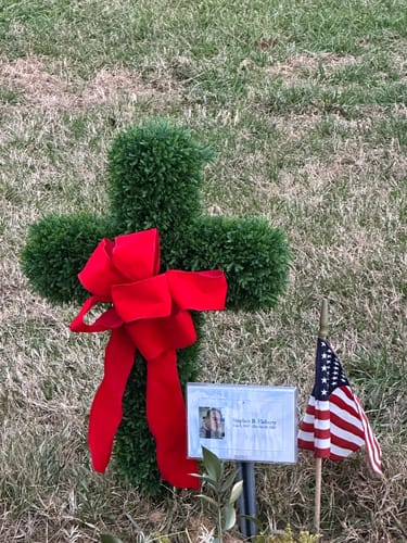 Customer photo review of 24" Artificial Cedar Cross Stake, UV Protection - Green