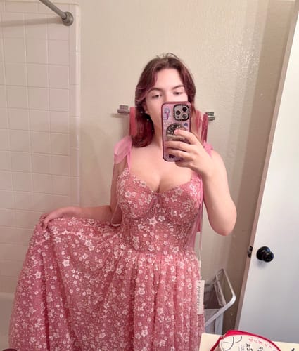 Customer photo review of Romantic Pink Floral Tulle Corset Gown with Shoulder Bows