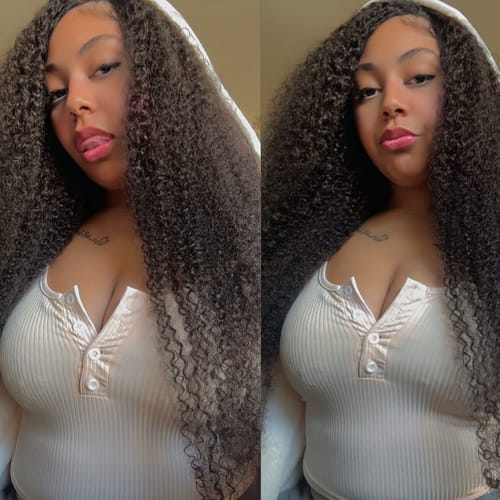 Customer photo review of CurlyMe Kinky Curly Virgin Human Hair 3 Bundles With 4x4 Closure Natural Black