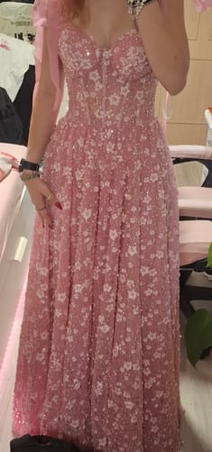 Customer photo review of V Neck Corset 3D Floral Beaded Dress with Removable Tie Straps