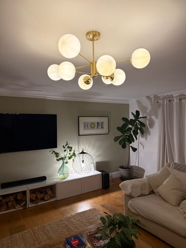 Customer photo review of 6/8/12-Light Mid-Century Modern Opal White Glass Globe Chandelier
