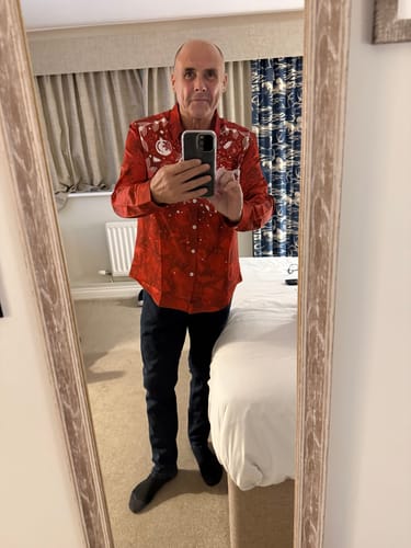 Customer photo review of Men's Christmas Themed Red Vintage Holiday Long Sleeve Shirt