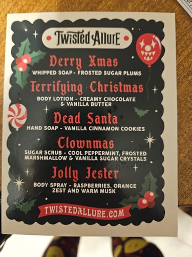 Customer's themed card from the Monthly Subscription Box, listing the included creepy Christmas products and scents.