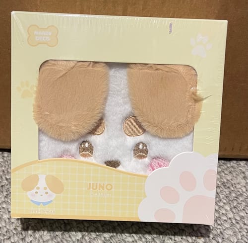 Customer's JUNO PUPPY PLUSH BINDER inside its yellow retail box with a clear window.