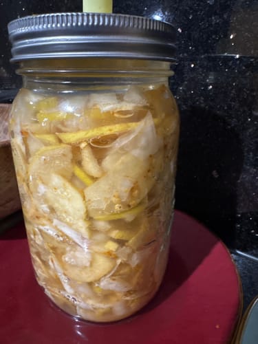 Rezensent zeigt geschnittene Birnenquitten, die in einem Glas fermentieren.