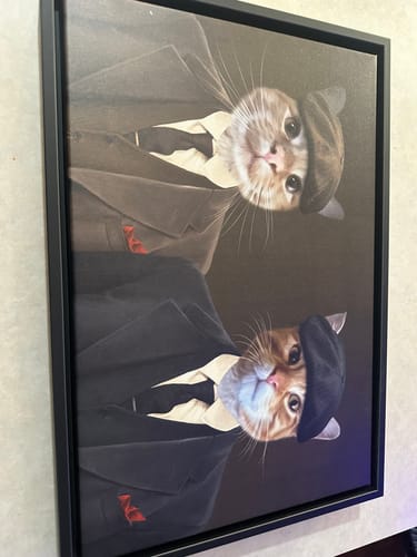 Customer's 'The Gangster Brothers' custom canvas with two orange cats dressed in suits and flat caps.