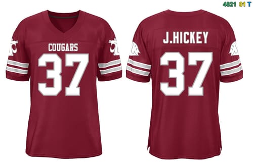 Customer's custom burgundy football jersey, showing the front with 'COUGARS' and '37' and the back with 'J.HICKEY' and '37'.