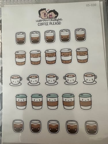 A reviewer's sheet of "Coffee please!" planner stickers, showing 25 cute illustrated coffee cups in various styles.