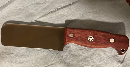 Customer's finished custom knife with a wood handle, made using the Zirconia Sanding Belts.