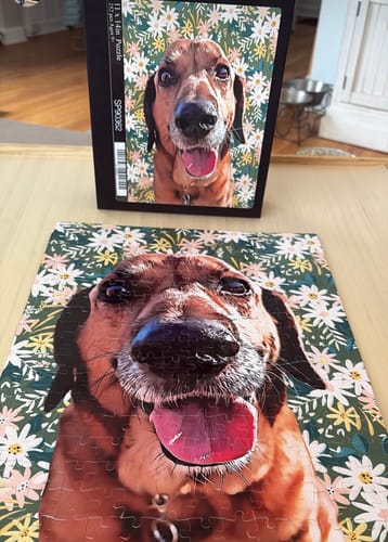 Customer's completed Personalized Pet Jigsaw Puzzle of a dog, with the matching product box in the background.