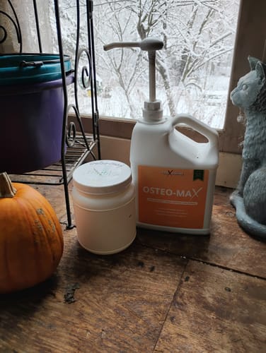 Reviewer's Osteo-MAX jug and a small container on a wooden surface, with a snowy view in the background.