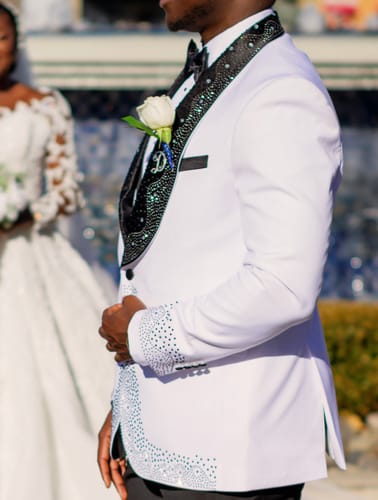 Customer photo review of Men's Three-Piece Rhinestone Embellishments Wedding White Tuxedo