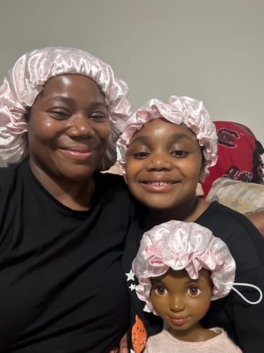 Customer photo review of "Love My Curls" Mommy, Me & Mini Satin Bonnet Bundle