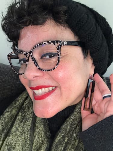 Customer photo review of Wooden Celluloid Window Dangles Hypoallergenic Earrings for Sensitive Ears Made with Plastic Posts