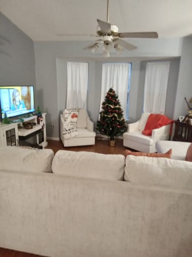 Customer photo review of Aegean Linen Swivel Recliner Accent Chair