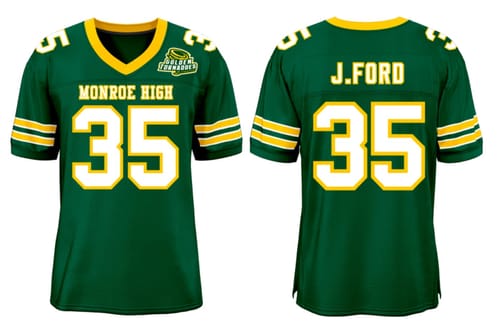 Customer's custom green football jersey for Monroe High, showing the front and back with the name J.FORD and number 35.
