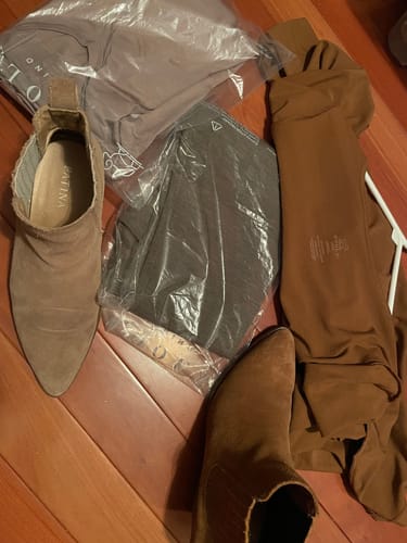 Customer's Stella Petite leggings in Simply Taupe laid out with other items to compare the color.
