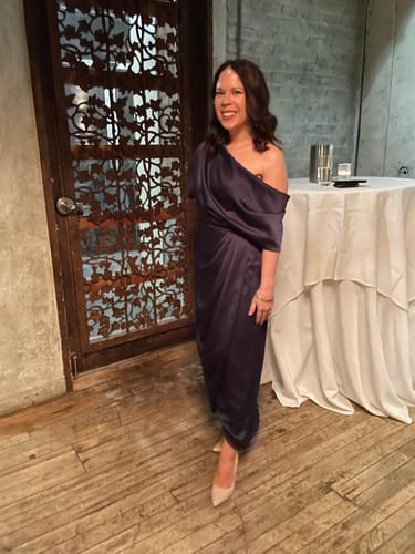 Customer photo review of Rayna One Shoulder Draped Dress in Blue by Theia Couture - RENTAL