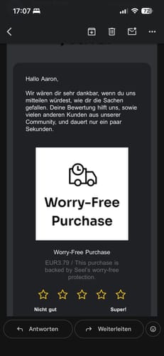 Kunden-Screenshot einer E-Mail mit der Bitte um Bewertung für den 'Worry-Free Purchase'-Service.