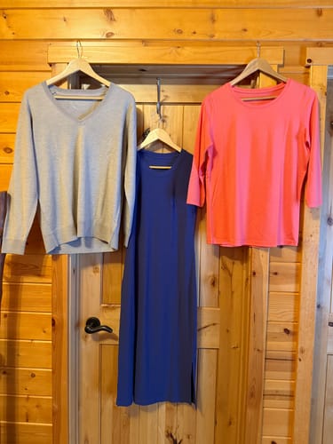 Reviewer's items from the Mystery Bag: a gray v-neck sweater, a blue dress, and a pink top hanging on a door.